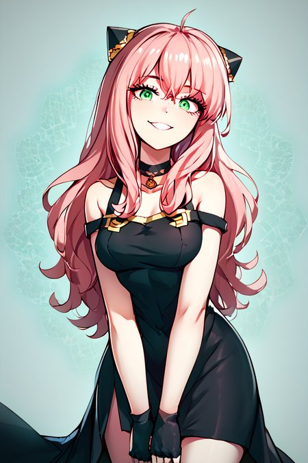 score_9, score_8_up, score_8, medium breasts, (curvy), cute, eyelashes, solo,      ,,,  zzAnya, green eyes, hair between eyes, ahoge, pink hair, long hair, hair ornament, hairpods,  gold hairband,hair flower, black choker, black dress,sleeveless,off shoulder, floral print, fingerless gloves, black footwear,thigh holding dagger,  ,<lora:AdultAnyaPDXL:1.0>,  ,,,BREAK, looking at viewer, ,,, smile, upper body, leaning forward, head tilt, ,,, embedding:zPDXL, Expressiveh, ,,, <lora:theButcherXPDXL:0.8>, <lora:CatalystStylePDXL:0.6>, <lora:SDXLFaeTastic2400:0.5>, <lora:Expressive_H-000001:0.4>,