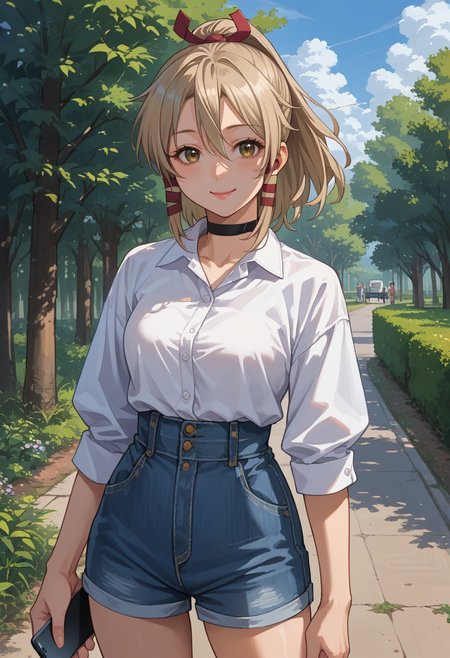 score_9, score_8_up, source_anime, 1girl, solo, Ukanomitama, long hair, high ponytail, hair ribbon, tress ribbon, white shirt, dress shirt, black choker, holding cellphone, denim shorts, high-waist shorts, outdoors, smile, <lora:ChamUkaPonyXL:1>