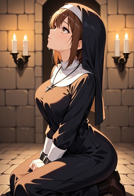 masterpiece, best quality, good quality, very aesthetic, absurdres, newest, 8K, depth of field,  in the style of cknc, artist:moriimee, in the style of cksc, 
1girl, short brown hair, hazel eyes, medium breasts, perky, tattered habit, iron shackles, sweaty skin, kneeling in prayer, looking up, from side
BREAK
dim monastery, stone walls, candles flickering
BREAK
warm light, high contrast, soft focus, golden hour lighting, rich details, somber glow