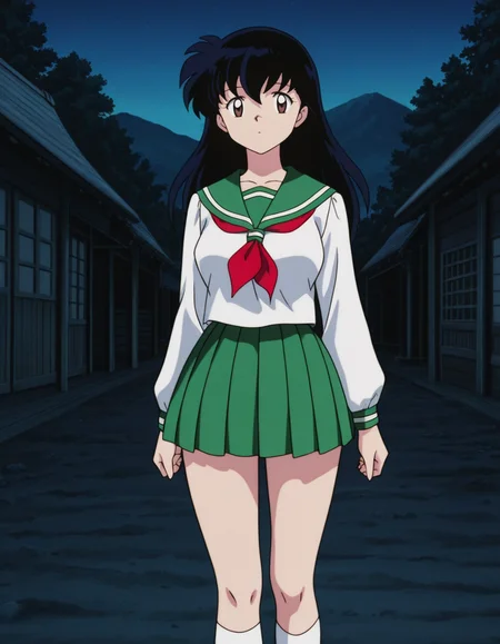 official style,Higurshi kagome (2000s anime analog),retro artstyle,black hair,long hair,bangs,brown eyes,school uniform,serafuku,green sailor collar,red neckerchief,white shirt,green pleated skirt,white socks,
looking at viewer,
medium large breasts,
perky breasts,explicit,hair between eyes,(bold:3.12),thick outline,black outline,harsh lines,soft lines,deluster,boldline,curvy,slim,(hat:-1),
expressionless,
(anime screencap),(anime coloring:1.2),anime screenshot, animated painting, animated gif,2d cel anime,anime cap,anime,anime style,anime cel,Cel shading,cel shaded,soft brightness,perfect face,perfect nose, perfect hair, perfect eyes,perfect female body,perfect skin,a face of perfect proportion,perfect lighting,perfect anatomy,perfect proportion,perfect hands,perfect legs,perfect fingers,masterpiece,super fine illustration,best quality,very aesthetic,absurdres,16k,intricate detail,amazing quality,detailed linework,vibrant colors,kawaii,flat color,sky,(Japanese Ancient Village:2),mountain,forest,night,
 <lora:ç¬å¤åæ¥æ®ããã2000å¹´ä»£ã¢ãã¡ã¢ãã­ã°ä½ç»é¢¨illustriousInuyashaHigurashi_Kagome2000s_anime_analog_painting_Styleillustrious:1:0.8>