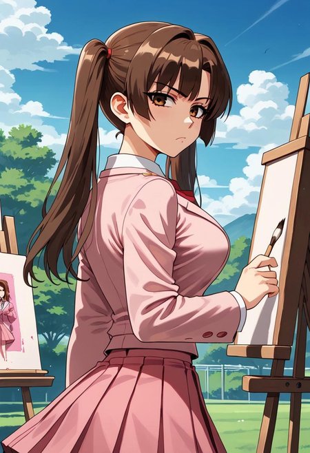 masterpiece, best quality, good quality, <lora:Kanou_Ryouko_IS:1>KanouRyouko, 1girl, solo, twintails, brown hair, long hair, brown eyes, large breasts,
 1girl, solo, light pink school uniform, skirt, canvas (object),  1990s (style), easel, long sleeves, day, looking back, cloud, sky, art brush, pleated skirt, pink skirt, blue line,
serious, looking at viewer, paintbrush, outdoors, holding, light pink jacket, light pink blazer, bow