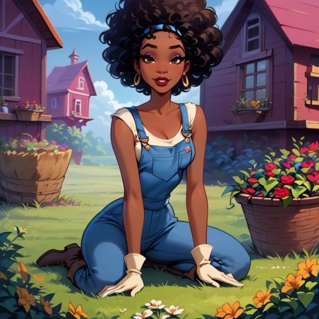 score_9, score_8_up, score_7_up, score_6_up,  Comistyle, art by John Byrne and Jim Lee <lora:ComicsPonyXL_V2:1>, rating explicit, NSFW, 1girl, african american woman, ((afro)), ((curly hair)), ((cute hair)), ((youthful)), 20 year old, (((voluptuous curves))), (((slim thick))), ((round ass)), ((wide hips)), ((thick thighs)), long eyelashes, (((big lips))), dark-skinned female, ((curvy)), medium breasts, (thick ass), ((round butt)), ((bedroom eyes)), looking at viewer, dynamic angle, dynamic shot, wide shot, makeup, disney, (detailed face), source_cartoon, realism, 1girl, ((dark skin)), black hair, (((flirty))), ((suggestive pose)), Expressiveh, TianaXLP, ((outdoors)), ((orchard)), overalls, boots, knee socks, gardening gloves, farm, basket of apples, distressed clothes, hoop earrings, 
semi-realistic, kneeling on the ground, seductive body, cute sexy pose, flowers, sexy pose, horny, flirtatious look,