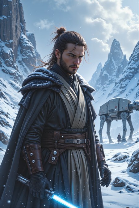 A hyper-realistic portrait, photorealistic photo close-up image of At the edge of a frozen wasteland on Hoth, a Jedi with deep brown skin and a weathered robe stands silently, his lightsaber ignited, the blue blade casting a soft glow against the blinding white snow. His breath forms small clouds in the freezing air, and the wind howls around him, kicking up flurries of ice and snow that swirl like specters. In the distance, the remnants of an AT-AT lie half-buried in the snow, its once-mighty frame now a twisted, broken hulk of metal. The Jediâs expression is one of calm focus, his eyes narrowed as he senses the presence of an enemy nearby. Behind him, the snow-covered mountains rise like jagged teeth, their peaks lost in the swirling storm clouds overhead. The cold is biting, yet the Jedi stands unmoving, the Force flowing through him like a warm current, guiding his every breath. His gloved hand grips the hilt of his lightsaber tightly, ready for whatever may come. The scene is one of quiet intensity, where the unforgiving elements of the frozen world stand in stark contrast to the inner peace of the Jedi. (photography, high-resolution, dynamic, energetic,hyper-realistic, dramatic lighting, shallow depth of field.), detailmaximizer, MythP0rt<lora:midjourney_whisper_flux_lora_v01:0.55><lora:aidmaMJ6.1-FLUX-V0.1:0.4><lora:FluxMythP0rtr4itStyle:0.4><lora:detailed_flux_ntc:2.2><lora:aidmaImageUpgrader-FLUX-V0.1:0.65>
