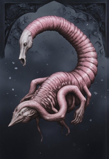MikeFranchinastyle, Surreal art, d4artstyle, d4concept, , made of clay, aidmaMJ6.1, ZBClay model of a gray sculpture, berserk style, H.R. Giger, 
 a hyper-realistic depiction of a twisted, parasitic creature suspended in a dim, hazy atmosphere. The creature has a worm-like body with a fleshy, translucent pink texture, emphasizing the organic ridges and folds along its form. Its head, tapering into a blunt shape, houses small, predatory eyes and a row of thin, needle-like teeth protruding from its mouth, giving it an unsettling appearance. The lighting is soft, casting subtle highlights along its curved body, accentuating the almost wet, sinewy texture. Fine particles float around it, adding depth to the murky background and creating an eerie space-like ambiance, as if captured in an unsettling, depths environment. 
Background solid color with a faded dimly lit, fog-covered darkness tone that emphasizes its silhouette. The medium is not a traditional painting or illustrative medium like watercolor or ink but rather a digital rendering, eerie and unsettling.