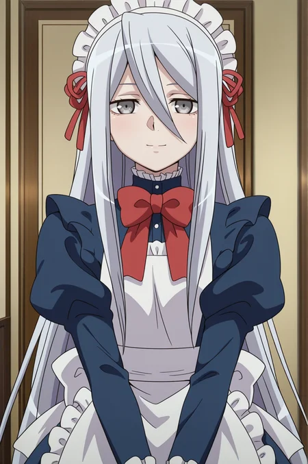 masterpiece, best quality, absurdres, highres, source anime, very aesthetic, very awa, BREAK, anime coloring, anime screencap,
<lora:felli_loss_v2-illustrious:1>,1girl, felli loss, koukaku no regios, grey eyes, grey hair, 
blue maid, maid headdress,long sleeves, apron, bow, 
BREAK, looking at viewer, light smile, 
BREAK,