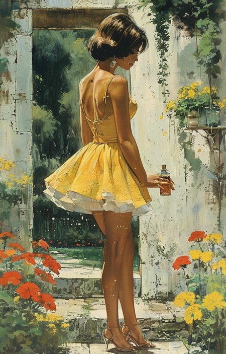 masterpiece,best quality,<lora:tbh298-sdxl:0.9>,illustration,style of Robert McGinnis
 A bottle of perfume in garden
