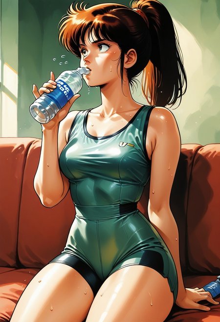 score_9, score_8_up, score_7_up, source_anime, 
1girl, white bike shorts, green leotard, ponytail, sitting, drinking, water bottle, holding bottle, water drops, skindentation, living room, sweat, flying drops, solo,
EnD_1980s_Style, 1980s (style), retro artstyle, d3t41l3d,