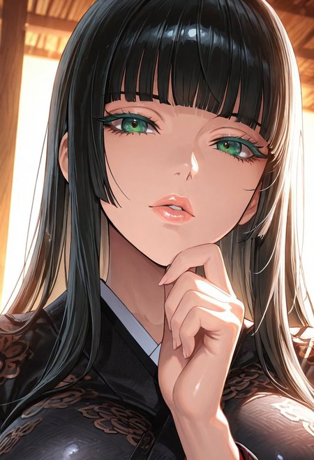 1girl, <lora:Gentiana_FFXV_ilxl_goofy:1> gentiana,  \(FFXV\),, adult woman, masterpiece, black kimono, hand up, black hair, long hair, hime cut, blunt bangs, detailed lips, luscious lips, lip gloss, portrait, colored eyelashes, backlighting, detailed eyes, green eyes, large breasts, goddess, glossy skin, ,hires,best quality, very aesthetic,absurdres,score_9, score_8_up, score_7_up, score_6_up, score_5_up, score_4_up, (hyper extreme detailed), (hyper quality), game CG, (colour:1.2),(from side:0.7)