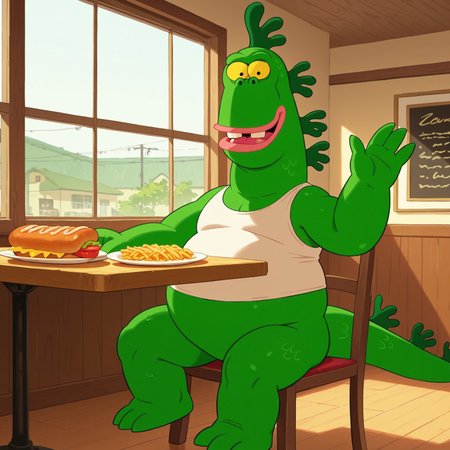 1boy, 2d, solo, male, Mrgus, dinosaur, green skin, scalie, scales, pink lips, buckteeth, yellow sclera, black eyes, tail, three toes, tank top, chubby, bottomless, 

BREAK sitting on chair, restaurant, window, sunlight, hotdog, Indoors, table, plate, relaxed, calm, looking at viewer, waving, happy

BREAK best quality, amazing quality, very aesthetic, absurdres, newest, masterpiece 