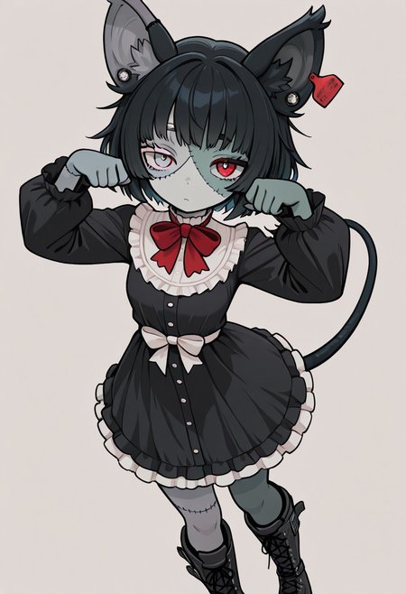 masterpiece, best quality, newest, absurdres, highres, 1girl, simple background, abstract background, facing viewer, dynamic angle,
3cto, patchwork skin, stitches, animal ears, ear tag, heterochromia, black tail, frilled dress, bowtie, boots, cute pose,
