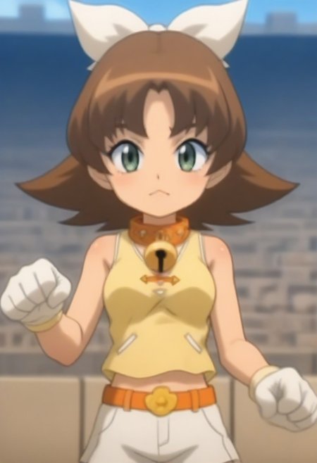 source_anime, anime screencap, source_anime, auratheguillotine, anime screencap, masterpiece, source_anime, shiny skin,,,,,,,,, bare shoulders,,, motti, brown hair, green eyes, nekoguchi, bell collar, orange collar, bangs, hair ribbon, white ribbon, medium hair, yellow tank top, tank top, exposed arms, sleeveless,, white shorts, orange belt, white boots, white gloves, one paw glove, one fingerless glove,