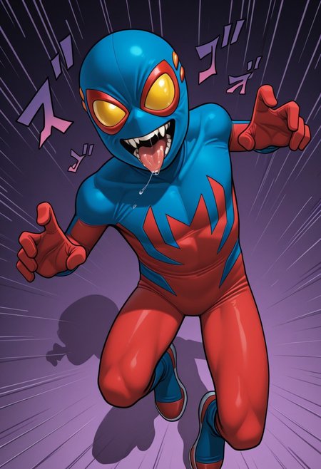 1boy, male focus, cute boy, BaileyBriggs, Mask, Yellow Eyes, Spiderboy Costume, Two-tone Bodysuit, Red Bodysuit, Blue Bodysuit, fangs, tongue, saliva, menacing, cinematic, intricately detailed illustration, depth of field, masterpiece, best quality, amazing quality, very aesthetic, absurdres, newest, very awa, shadow, dynamic angle, casual cosplay, dynamic pose,  action pose,