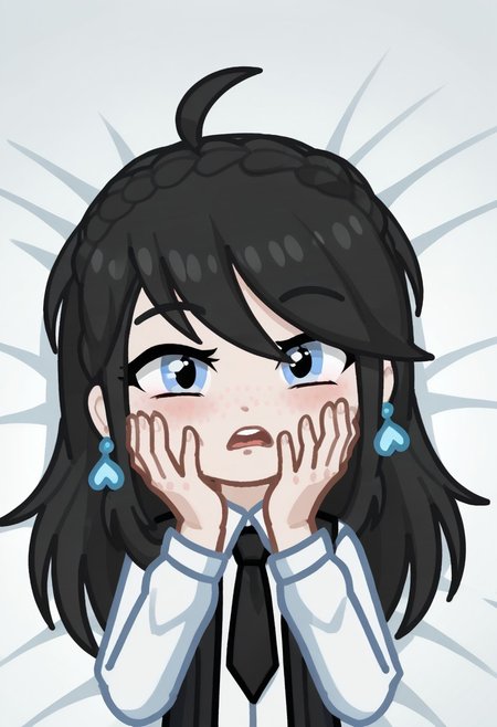 score_9, score_8_up, score_7_up, score_6_up, Neon light, lying in bed, GELUGDD, GELUGDDGacha, GELUGDD, GELUGDDGacha, Gacha, girl, black hair, long hair, braid, blue eyes, blue earrings, black tie, loasha, looking ashamed with hands on face