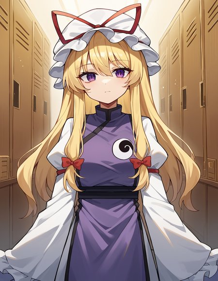 score_9, score_8_up, score_7_up, source_anime, <lora:yukari-yakumo-ponyxl-lora-nochekaiser:1>, yukari yakumo, purple eyes, blonde hair, sidelocks, long hair, hair bow, bangs, multiple hair bows,, dress, hat, hat ribbon, juliet sleeves, layered dress, long sleeves, mob cap, puffy sleeves, purple tabard, tabarad, white dress, white hat, wide sleeves, ying yang, yin yang print,, changing room, lockers, benches, clothes, privacy, , v, v over eyes,, looking at viewer, solo,, dutch angle, cowboy shot