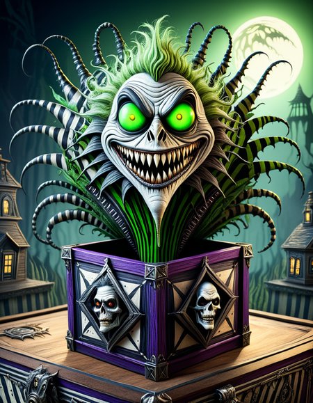 Monster in a box, high quality, masterpiece, Beetlejuice in a horror themed box design, elaborate fantasy style art, intricate details, ultra sharp, backlit, exquisite detail <lora:Monster_in_a_Box_SDXL:1>
