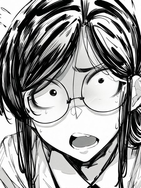 score_9, score_8_up, score_7_up,  
1girl, monochrome, kyoko mw, black hair, round glasses, folded ponytail, small breasts, black eyes,

face, close-up, constricted pupils, open mouth, looking at viewer, 
