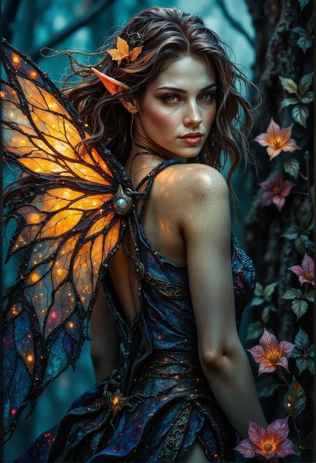 ArsMJStyle, Stained Glass,dark fantasy, eerie,. A breathtaking young elf with delicate, stained glass butterfly wings, glowing softly as they catch the light. Her skin is smooth, radiant, and flawless, with a subtle luminescence under natural lighting. She stands in a lifelike enchanted forest, the soft glow of bioluminescent plants surrounding her. Her butterfly wings shimmer with a stained glass effect, detailed with intricate patterns and transparent sections that reflect ambient light like a prism. Her flowing, silky hair moves gently in the wind, each strand rendered with ultra-realistic texture. The elf's face is serene, with lifelike features and striking, luminous eyes that shine with a hint of magic. Her expression is peaceful yet captivating, drawing attention to the exquisite craftsmanship of her facial details. Highly detailed, photorealistic, sharp focus, volumetric lighting, realistic shadows, ultra-high definition, and cinematic atmosphere., <lora:StainedGlassFlux.safetensors:1.0:1.0> <lora:fantasy-flux-v1.safetensors:1.0:1.0> <lora:Flux Darkfantasy_epoch_1.safetensors:0.75:0.75>