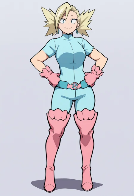 masterpiece, best quality, very aesthetic, absurdres,
1girl, nakagame, blonde hair, short hair,
blue bodysuit, earrings, short sleeves, pink boots, thigh boots, pink gloves, belt,
hands on hips, standing, full body,
smile, solo, looking at viewer, simple background, white background,  <lora:TatamiNakagameNoobXL_byKonan:1>