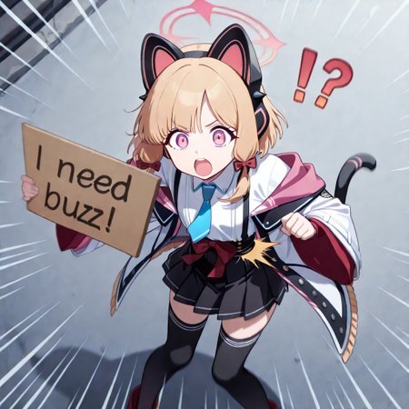 masterpiece,best quality,highres, absurdres, 1girl, solo, eyelashes, (beautiful eyes),  zzMomoi, blonde hair, animal ears, fake animal ears, animal ear headphones, headphones, short hair, bow, halo, cat ear headphones, hair bow, red bow, pink eyes, pink halo, tail, cat tail, red eyes, collared shirt, long sleeves, pleated skirt, white shirt, black skirt, blue necktie, white jacket, wide sleeves, black thighhighs, suspender skirt ,<lora:MomoiBlueArchiveIXL:1.0>, 
<lora:blue_archive-ixl-style-soralz:1>, (blue archive style), 
<lora:stomach-punch-illustriousxl-lora-nochekaiser:1>, stomach punch, open mouth, !?, punching, surprised, emphasis lines, motion lines, motion blur, bent over, (dark-skin male), (black skin male), 
(need_buzz), (holding sign),
close to viewer, from above,
sh1buya,