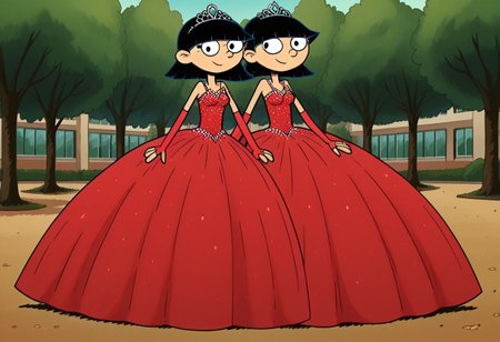 score_9_up,score_8_up,score_7_up,score_6_up,score_5_up,score_4_up BREAK rhonda,black hair, black eyes, bob cut, blunt bangs, Very large red floor length gown, ball gown, rhimestones. She is also wearing a tiara, hoop skirt, dome shape skirt, quinceanera, prom, pageant, long elbow length red fingerless Satin bridal gloves, contrapposto, hand on own hip, park, tree, building,smile,arm at side, leaning to the side, dutch angle, looking at viewer,    <lora:RhondaPony:1>