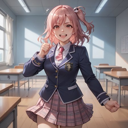 score_9, score_8_up, score_7_up, score_6_up, score_5_up, sourse_anime,   zPDXL,  rating_ safe BREAK,
solo, 1girl,  <lora:ponyRealistic_v1-gamma:-0.4>
 <lora:doahonoka:1>, honoka, one side up, pink hair, honokaschool, school uniform, plaid skirt, white thighhigh, in class room,  smile,  happy, hands clenching into fists, indicating anger or frustration, <lora:add-detail-xl:1> <lora:detail_eyes:0.5>