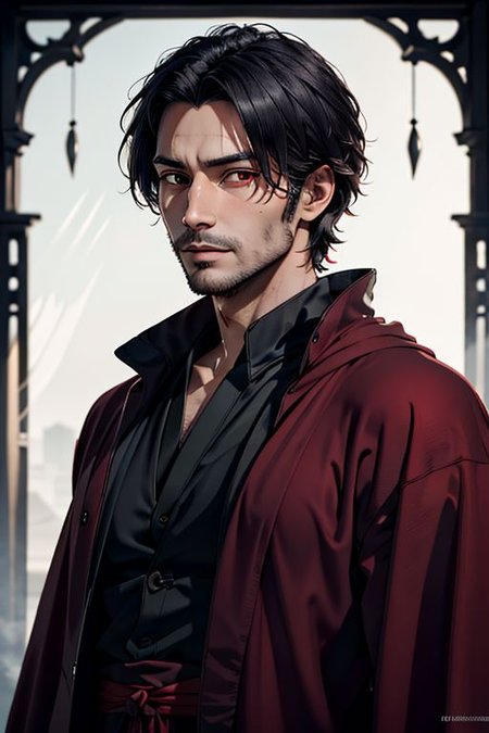 Master piece, highest quality, highest possible OverallDetail, semirealistic,  red eyes,
Create an elder of a demonic sect.
The character looks like he is in his late twenties or early thirties. He is handsome.
He has black shoulder-length shaggy hair. 
His outer robe is black and the inner robe is dark red. 
His eyes are dark red. Detailed face. Red robe.