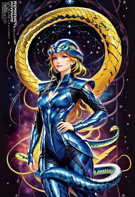score_9, score_8_up, score_7_up, source_anime, human, masterpiece, best quality, full body, full body shot, 1girl, solo, Snake constellation-ethereal design, flexible materials, snakehead full helmet, elongated faceplate, shimmering scales, articulated eye slits, reinforced chest plate with constellation patterns, scale-patterned shoulder guards, flexible arm wraps, clawed gauntlets, segmented leggings, serpent-like boots with textured soles, tail-inspired backpiece, stealthy silhouette, deep blues and purples, starry motifs, glowing accents, lightweight and agile, constellation-inspired celestial effects, snake in background, snake (symbol), background, demoniac, dark, chiaroscuro, low-key, dynamic pose, concept art, realistic, dark theme, low light,
