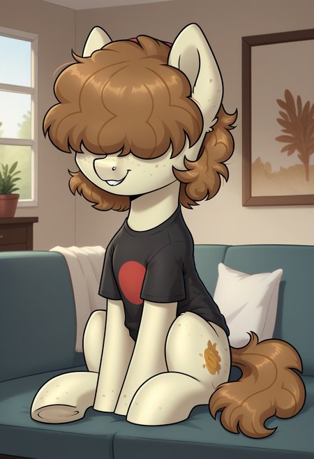 score_9, score_8_up, score_8,    <lora:Goldie_Mops_MLP_OC_for_PonyXL:0.5> 1girl, g0ldiem0ps, mare, pony, brown hair, freckles, hair over eyes, tail, shirt, solo, sitting on couch, living room, window
