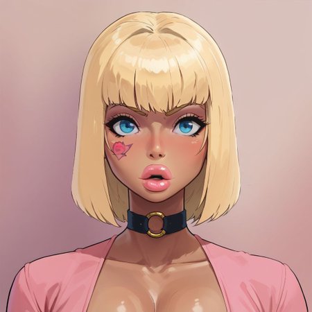 score_9, score_8_up, score_7_up, score_6_up,
rating_questionable, ((portrait))
1girl, ((18YO:1.2)), Adult, full lips,  big clear eyes, blue eyes, ((blonde hair)), ((bangs)), blush face, shiny skin, ((pink clothes)), ((bimbo)), hide breasts, dark skin, tattoo on face
1girl, hetero, cleavage, pants, o-ring,