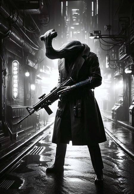 ithorian hammerhead alien with (Thompson Submachine Gun:1.2), trenchcoat, rain, cyberpunk, noir, 1940s  mad-neon-noir, mad-cybrpnkimprss, masterpiece, best quality, ultra high res, deep shadow, raw photo, film grain, Fujifilm XT3, 8k uhd, dslr