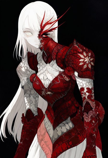 solo, looking at viewer, white eyes, plain black background, 1woman, solo, white hair, pale white skin, red armor, masterpiece, best quality, very aesthetic, absurdres
 <lora:monfornoob:0.95>