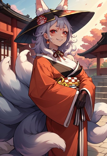 score_9, score_8_up, source_anime, 1girl, solo, kosaka1st, medium hair, facial mark, red eyeshadow, forehead mark, makeup, fox ears, animal ear fluff, fox tail, black headwear, multiple tails, kimono, black kimono, red kimono, single earring, black gloves, halterneck, obi, checkered sash, neck ribbon, neck bell, outdoors, shrine, smile, fang, <lora:spninaKosakaXLPony:1>
