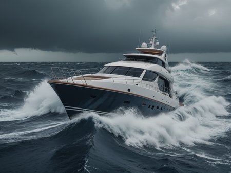 photo, cinematic, luxury yacht, sailing, wave, rough waves, thunder, splashes, cloudy, 4k, HD, best quality, 