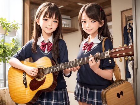 masterpiece, best quality, ultra-detailed, illustration,
(2girls:1.4), school uniform,  school bag,  smile ,
guitarshop, guitar, instrument, electric guitar, bass guitar, amplifier, speaker, wooden floor, indoors, 
 <lora:guitarshop:0.8>