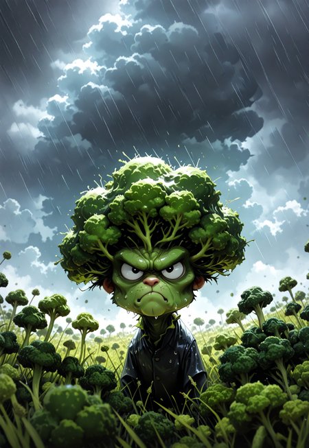 broccoli, grumpy, looking at viewer, no humans, single cloud, rain cloud, heavy rain, rain spot, wet, shiny, meadow, outdoors,  portrait, photo \(medium\), scenery, volumetric lighting, masterpiece, best quality, good quality, very awa, very aesthetic, absurdres, newest, opill