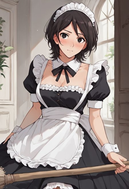 score_9, score_8_up, score_7_up, source_anime, 1girl, solo, takahashi maya, 1girl, short hair, black hair, black eyes, victorian maid, victorian mansion, blush, broom