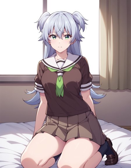 score_9, score_8_up, score_7_up, source_anime, uncensored, <lora:StS_detail_slider_v1:3>, zPDXLxxx, <lora:Sora_Tenkuji_PONYXL_VexVexX:1>, SoraTenkuji, green eyes, grey hair, long hair, bangs, hair between eyes, two side up, medium-small breasts, school uniform, skirt, brown skirt, pleated skirt, shirt, brown shirt, short sleeves, sailor collar, white sailor collar, green neckerchief, cowboy shot, bedroom, from back, Kneeling on both knees with legs apart, torso upright with arms stretched out to the sides, thighs, looking at viewer