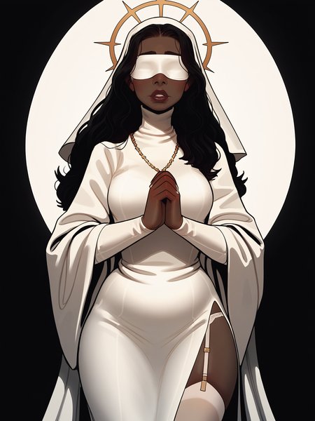 score_9, score_8_up, score_7_up, score_6_up, score_5_up, score_4_up,
BREAK
1girl, dark skin, white blindfold, blindfold, dark red lips, black hair, wavy hair, long hair, thick lips, adult, mature, white hat, white habit,
BREAK
solo, standing, cowboy shot, thick thighs, praying, nun, white robe, ornate robe, gold trim, small breasts, curvy, gold crown of thorns, star halo, cross necklace, turtleneck, side slit, white garter belt, white lace thighhighs,
BREAK
black background, realistic, incase, <lora:Lunas-InCase-SDXL-A3:1>