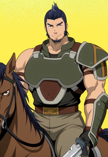 solo, masterpiece, modern, new, 1boy, male, masculine face, daddy looking face,

IxiomSainglain, black hair, sideburns, beard, bara, armor, horseback riding, riding horse, smiling, looking at viewer, holding sword