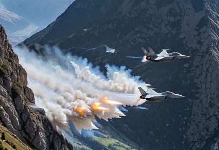 (Pilots flying the Euro Fighter jets between  mountains), (displaying the low level flying capabilities of the Euro Fighter jets), hitting amazing speeds as the tilt and wind through the  valleys and canyons, (view from side of euro fighter jets), (launching missiles with a stream of white vapors with flames), (a true display of military might power), (motion scenes), (pain staking attention to fine details of the jets) ,4k, surreal, (epic photography),
