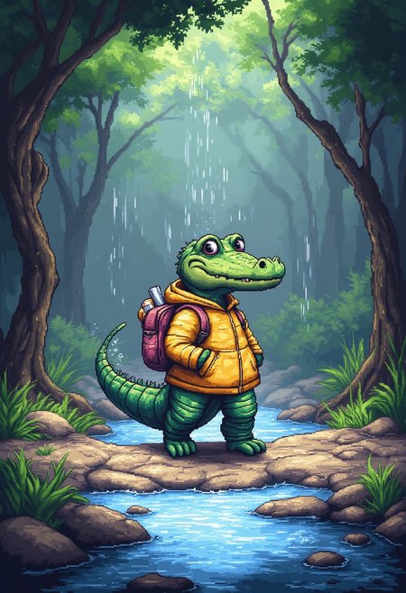 pixel-art 
a sodden swamp, awash in the aftermath of a torrential downpour. Rivulets snake through the saturated undergrowth, gurgling cheerfully as they carry debris downstream. Droplets cling tenaciously to waxy leaves, refracting the dull light filtering through the tangled canopy above.
Into this soggy panorama steps a diminutive reptilian tyke, clad in a brightly colored slicker that strains comically at the buttons. Yellow polka dots clash violently with neon stripes, forming a psychedelic pattern that seems to vibrate independently of the wearer's movements. Strapped securely to its back is a pint-sized knapsack, stuffed to bursting with notebooks and crayons.
Head held high, nostrils flared defiantly against the pervasive scent of mud and rotting vegetation, the intrepid infant crocodile marches resolutely onwards. Waterlogged boots splash through shallow puddles, sending mini geysers spraying in all directions. Not once does the stalwart little soul falter, undeterred by the obstacles placed in its path.
For this braveheart is embarking on a monumental undertaking - its very first day of schooling!
... 
blocky, pixel art style, 8-bit graphics, blocky, pixelated, vibrant colors, recognizable characters and objects, game assets, pixel-art, 
aidmaMJ6.1, ArsMJStyle, Pixel Art