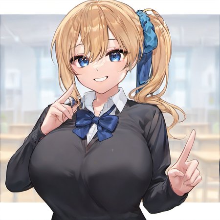 1girl, hayasaka ai, huge breast, black shirt, blonde hair, blue eyes, blue scrunchie, breasts, collared shirt, hair between eyes, hair ornament, hair scrunchie, index fingers together, large breasts, long sleeves, looking at viewer, school uniform, scrunchie, shirt, shuuchiin academy school uniform, side ponytail, sidelocks, smile, solo, upper body, white shirt,