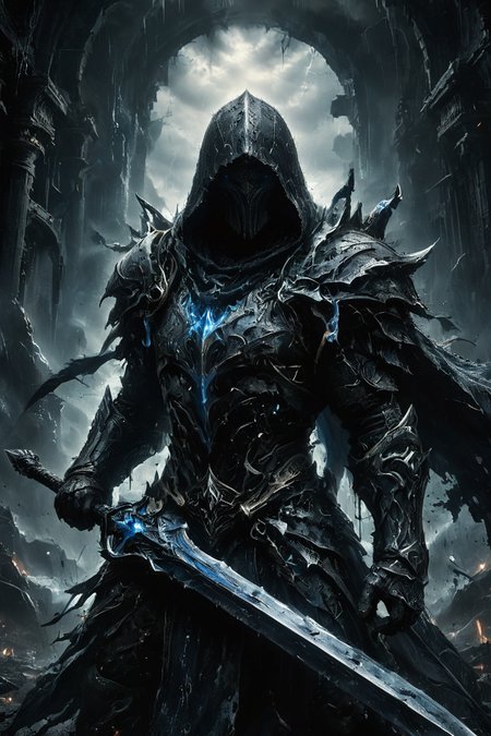 A dark and mysterious warrior stands amidst a stormy landscape, clad in tattered, hooded armor that exudes a menacing aura. The warrior holds a large, glowing blue sword crackling with energy, which illuminates the surrounding darkness. Lightning bolts strike the sky behind the figure, casting dramatic light and shadows. The rain pours down heavily, adding to the intense atmosphere. The overall scene is highly detailed, capturing the eerie and powerful presence of the warrior. The background features ruins and rocky terrain, enhancing the post-apocalyptic, fantasy setting. rain, raining, Assassin's Creed style, (fog, cloak, gray armor:1.3), 
<lora:zavy-cntrst-sdxl:0.85> dark, chiaroscuro, low-key,
<lora:WildcardX-XL-Detail-Enhancer:0.6>,
<lora:glowneon_xl_v1:0.5> glowneon, glowing, sparks,
<lora:XL_Weapon_Sword_-_By_HailoKnight_2:0.6> Wielding sword,
<lora:The_Dark_Side_Of_The_Future:0.6>,