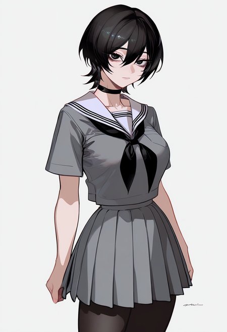 masterpiece, best quality, very aesthetic, high resolution, ultra-detailed, absurdres, newest, extremely detailed eyes, beautiful, perfect lighting, hi res, amazing quality, NEWTRVL_ST, 1girl, solo, breasts, looking at viewer, short hair, bangs, skirt, simple background, shirt, black hair, white background, hair between eyes, closed mouth, school uniform, short sleeves, pantyhose, cowboy shot, pleated skirt, serafuku, choker, signature, sailor collar, collar, neckerchief, black pantyhose, black choker, grey shirt, grey skirt, white sailor collar, arms at sides, black neckerchief