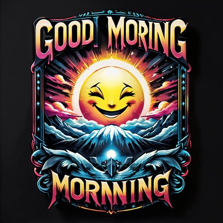 impactful color paint of  a smiling sunrise,  (Text "GOOD MORNING") , highly detailed, vibrant colors , 8k, sharp, professional, clear, high contrast, high saturated, , vivid deep blacks, crystal clear, <lora:Rock_Metal_Style:1>