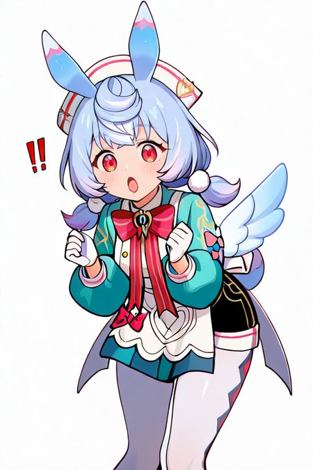 masterpiece, High quality, Ultra detailed, 2d, newest, absurdres, highres, BREAK
1girl, solo, <lora:sigewinne:0.8>, low twintails, pom pom hair ornament, blue hair, white headwear, animal ears, red eyes, 
small breasts, sigewinneDef, long sleeves, white apron, aqua shirts, red bowtie, puffy sleeves, white gloves, shorts, black shorts, apron ornament, striped bows, white pantyhose, wings, back white bow, short tail, 
looking at viewer, surprised, !!, open mouth, hands up,