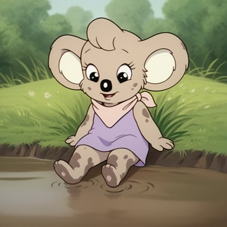 score_9, score_8_up, score_7_up, score_6_up, score_5_up, score_4_up, source_furry, Nutsybbv2, semi-anthro, female, Koala, tan fur, purple dress, pink neckerchief, sitting,  outside, covered in mud