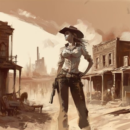 artmix06 cowboy girl in the wild west with buildings in the background,  cinematic, very detailed<lora:artmix06:1>