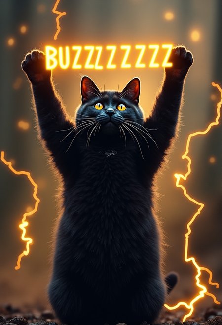 Photo of a black cat rising up into the air, surrounded by yellow lightning bolt symbols and crackling electricity. Text across the screen in electric font "BUZZZZZZZZ"