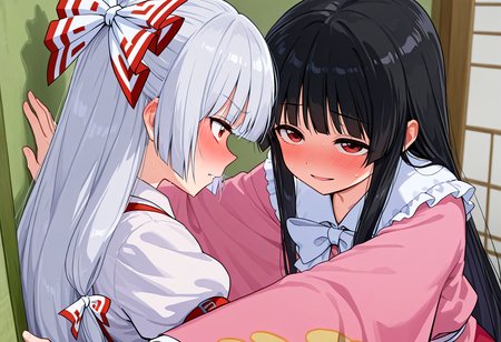 (masterpiece, high quality, amazing detail), highres, 2girls, confession, fujiwara no mokou, houraisan kaguya, against wall, looking at another, <lora:Wanna_touch_boobs:1>